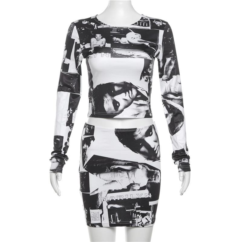 acelimosf™-Long sleeve print crewneck mini skirt set