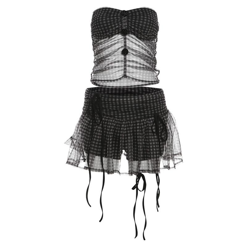 acelimosf™-Rose applique plaid mesh ruched tube mini skirt set