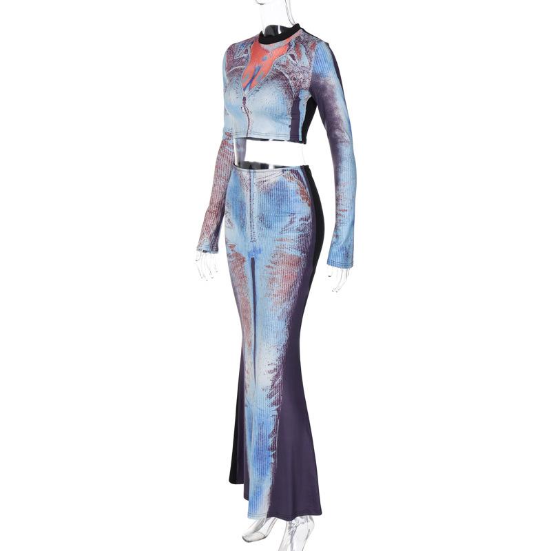 acelimosf™-Contrast print long sleeve high neck patchwork maxi skirt set