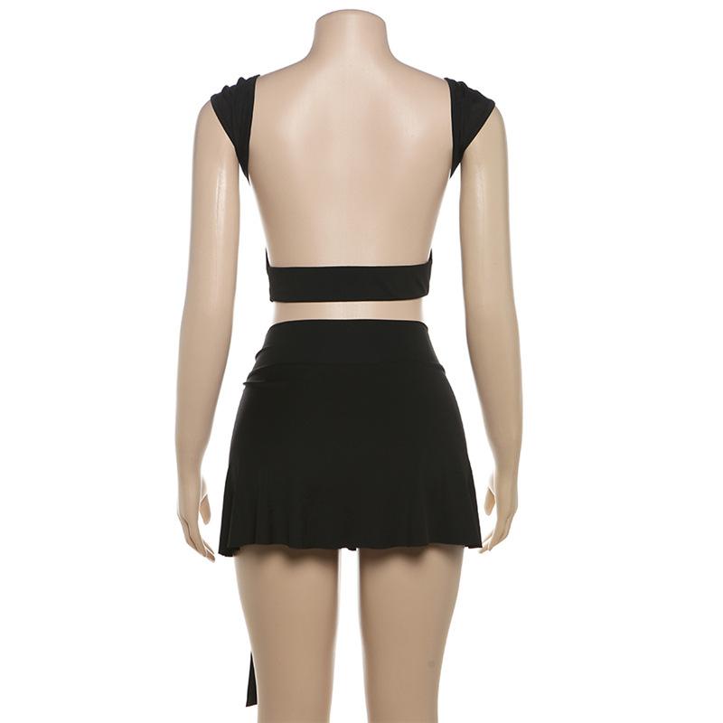 acelimosf™-U neck backless o ring solid mini skirt set