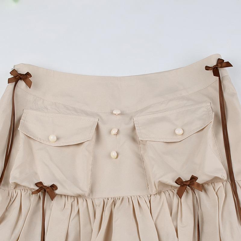 acelimosf™-Ruffle ribbon zip-up bowknot button pocket mini skirt