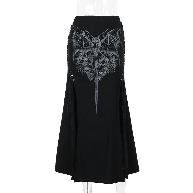 acelimosf™-High slit lace up bat print maxi skirt