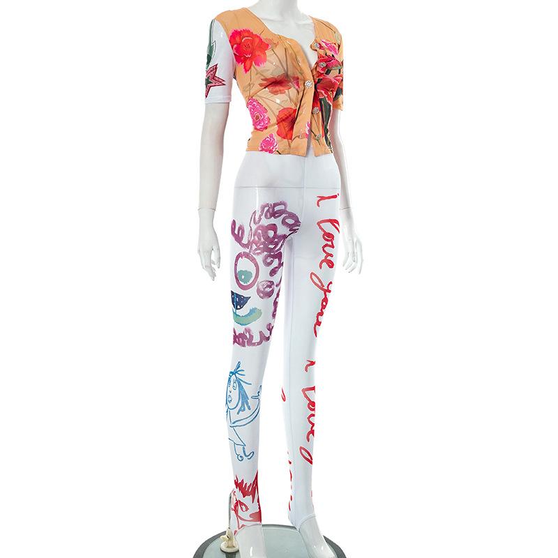 acelimosf™-Flower print button short sleeve sheer mesh see through pant set fairycore Ethereal Fashion