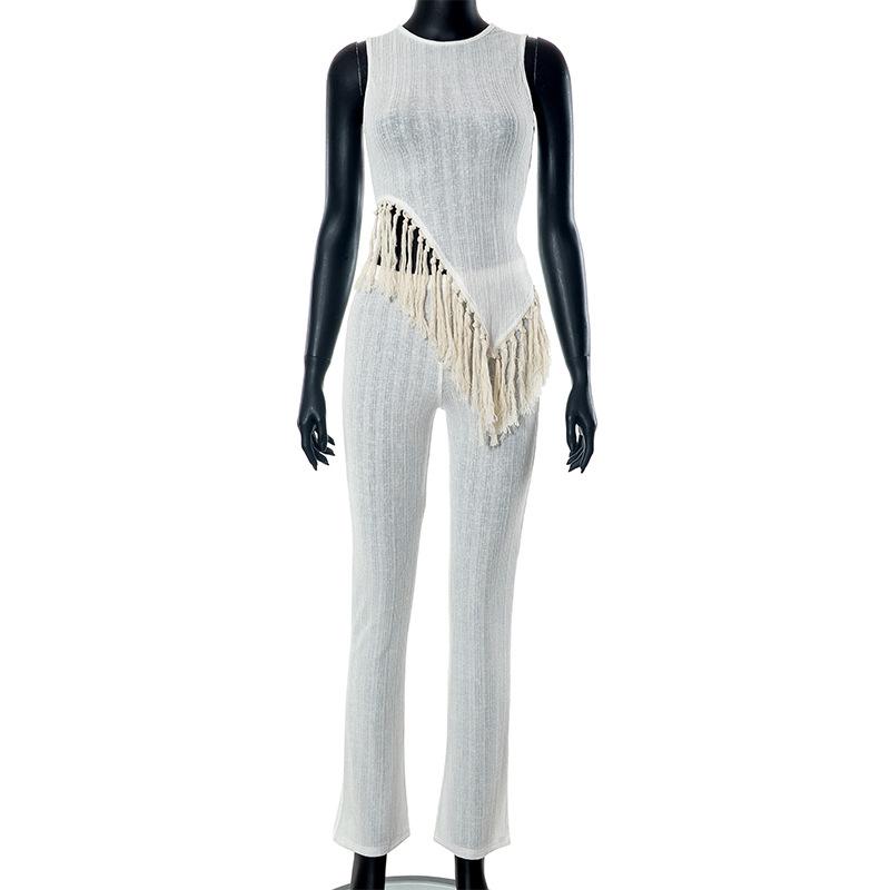 acelimosf™-Irregular sleeveless textured crewneck tassels solid pant set