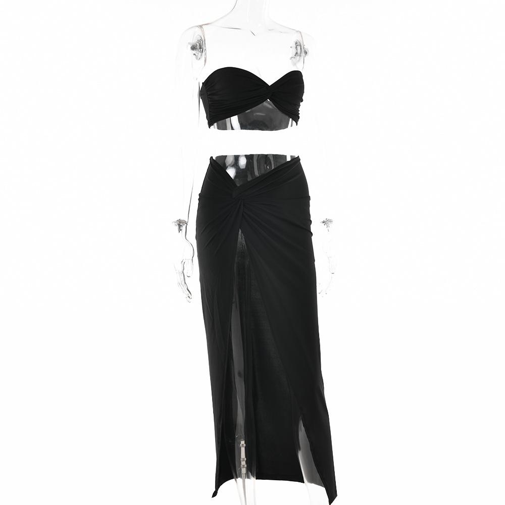 acelimosf™-Slit knotted solid sweetheart neck tube midi skirt set