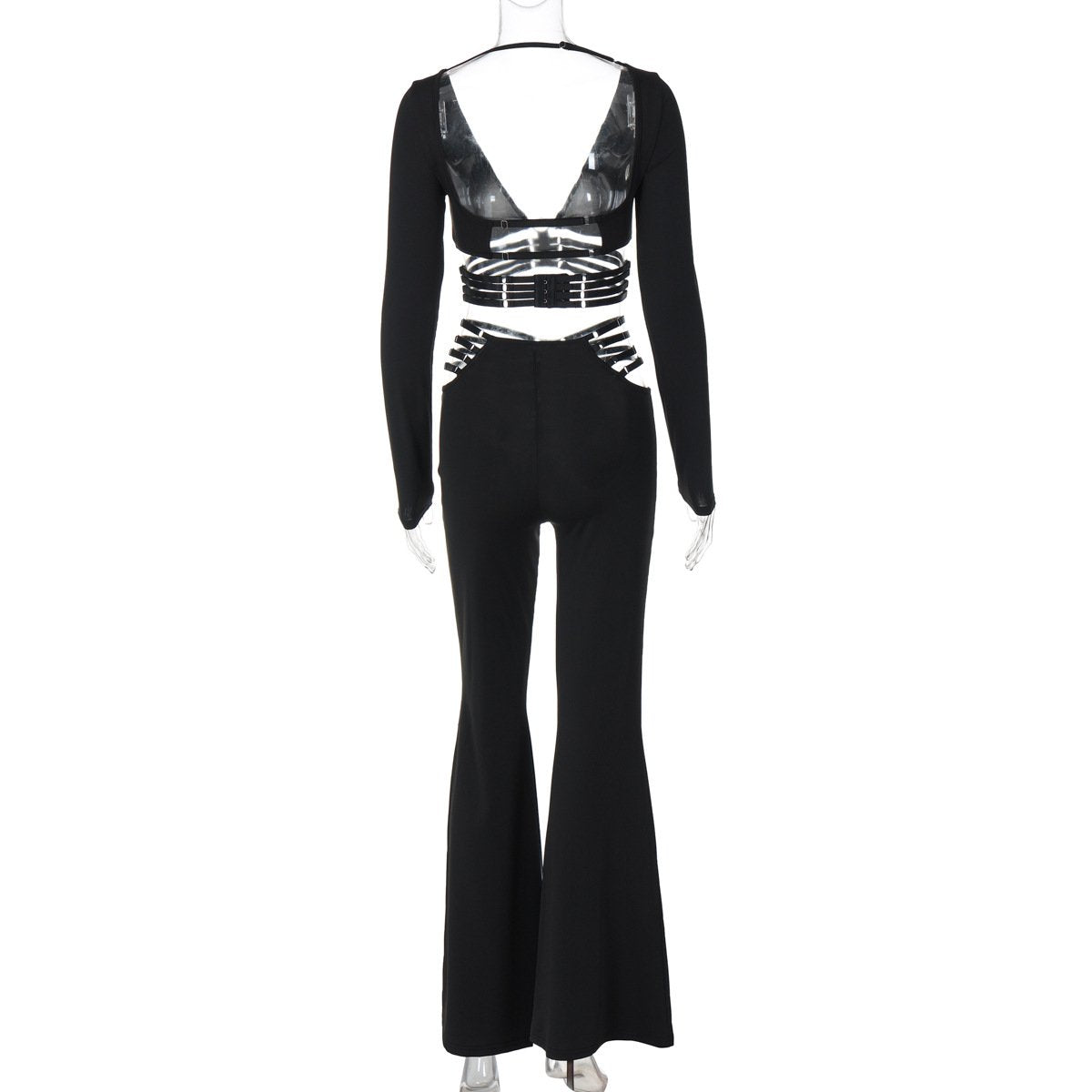 acelimosf™-Long sleeve o ring button wide leg low rise pant set