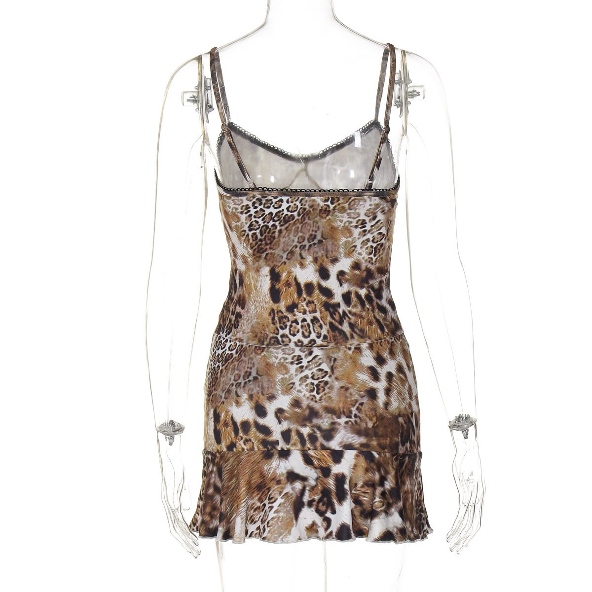 acelimosf™-Leopard print v neck lace hem ruffle cami skirt set