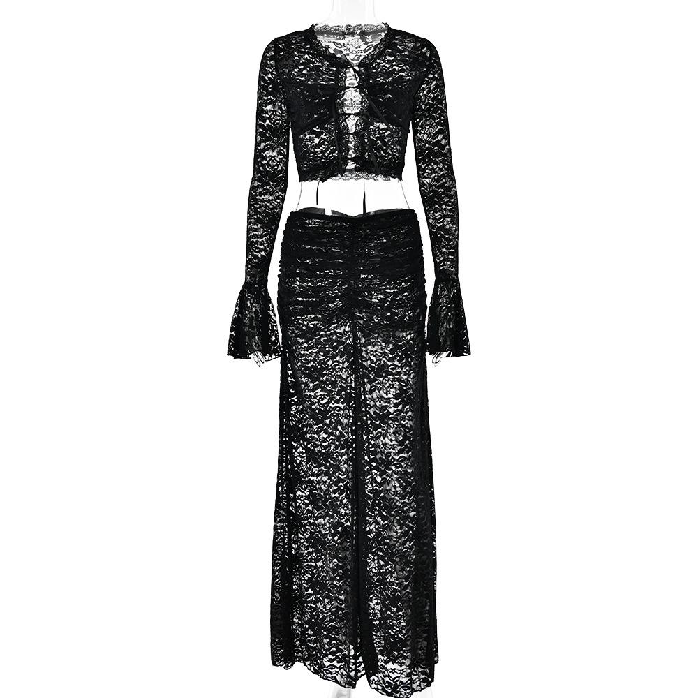 acelimosf™-Long flared sleeve lace see through maxi skirt set