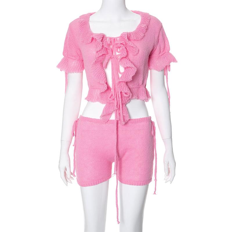 acelimosf™-Short sleeve ruffle knitted drawstring ruched pant set