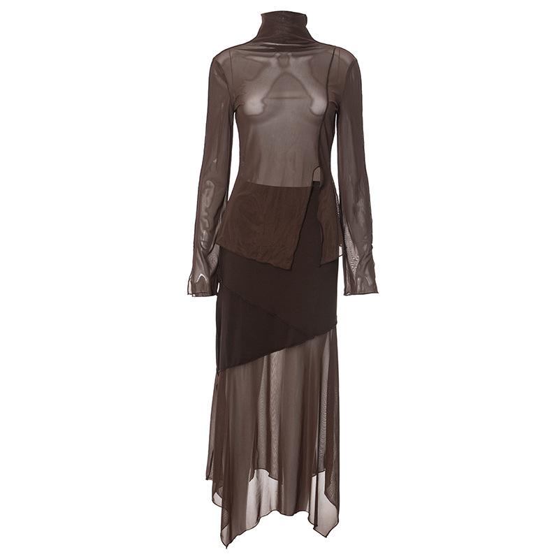 acelimosf™-High neck long sleeve mesh slit midi skirt set