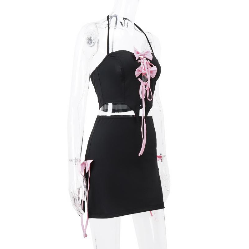 acelimosf™-Bowknot halter contrast self tie backless mini skirt set