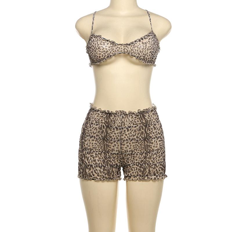 acelimosf™-Leopard print ruffle ruched crop pant set