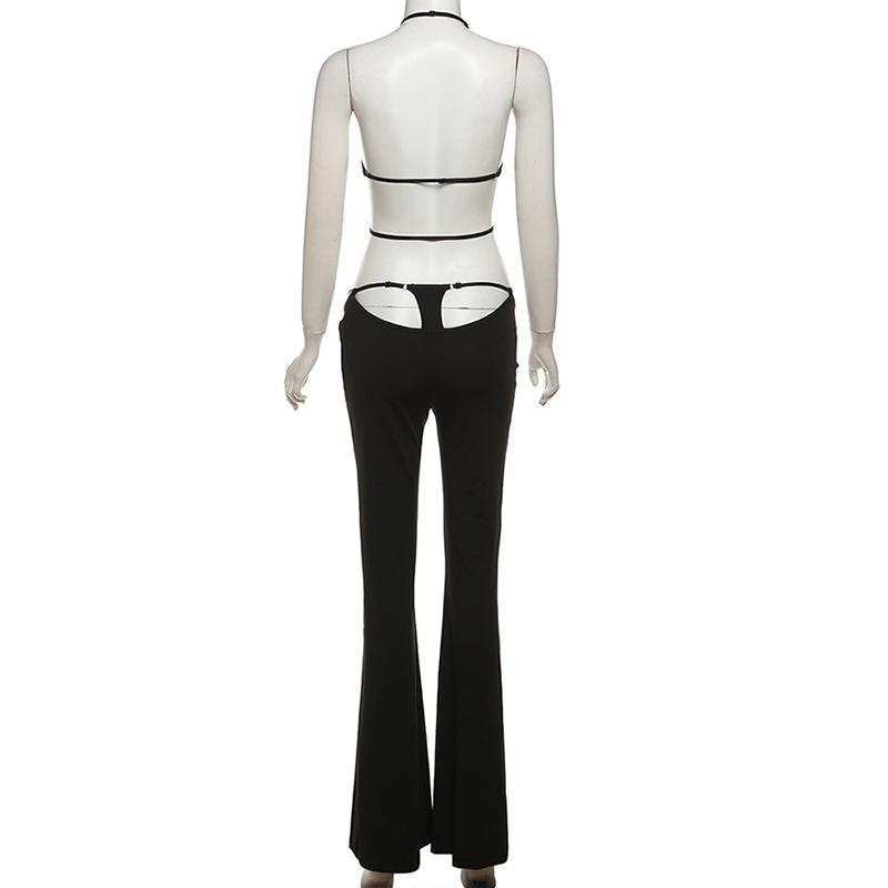 acelimosf™-Halter hollow out solid backless pant set