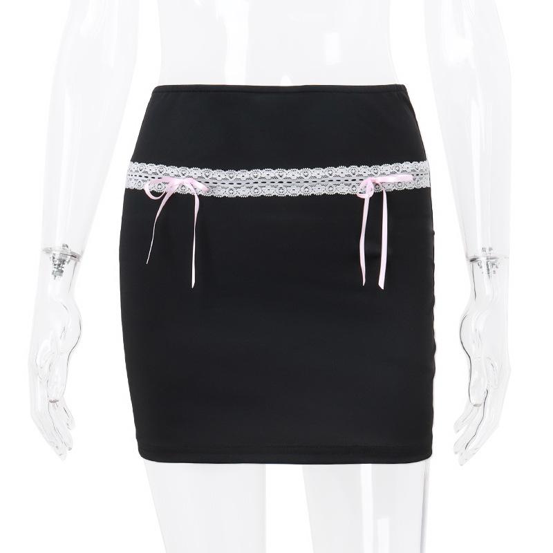 acelimosf™-Bowknot lace hem ribbon A line contrast mini skirt