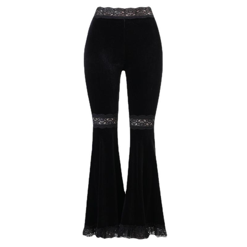 acelimosf™-Lace hem velvet solid flared pant y2k 90s Revival Techno Fashion