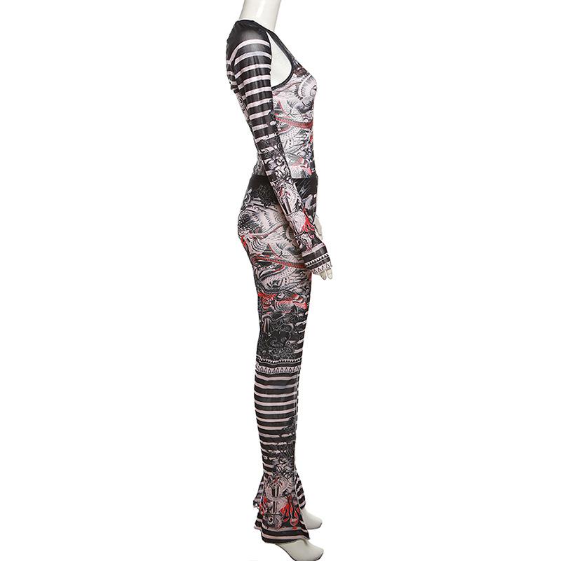 acelimosf™-Striped long sleeve gloves contrast sheer mesh see through shrug bodysuit pant set