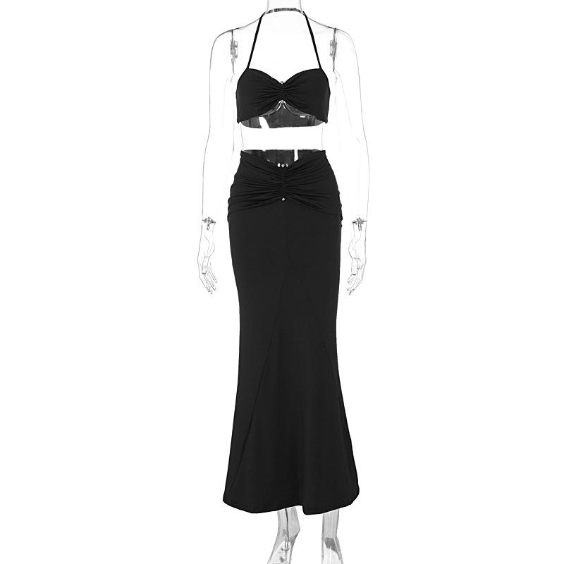 acelimosf™-Halter sweetheart neck ruched maxi skirt set