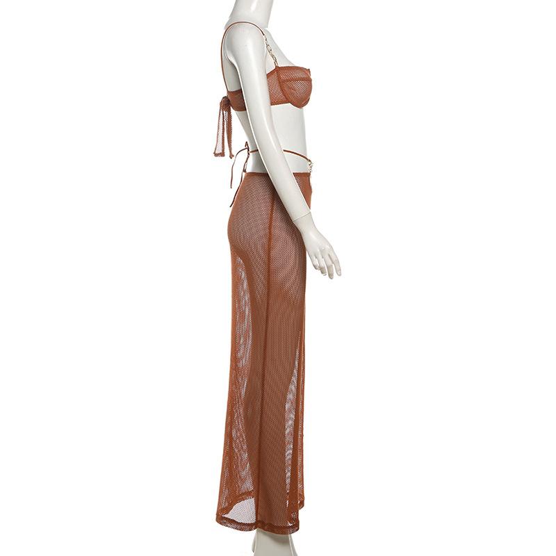 acelimosf™-See through bowknot knotted hollow out cami maxi skirt set