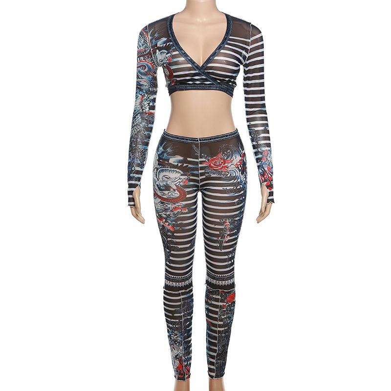 acelimosf™-Long sleeve striped dragon print sheer mesh pant set