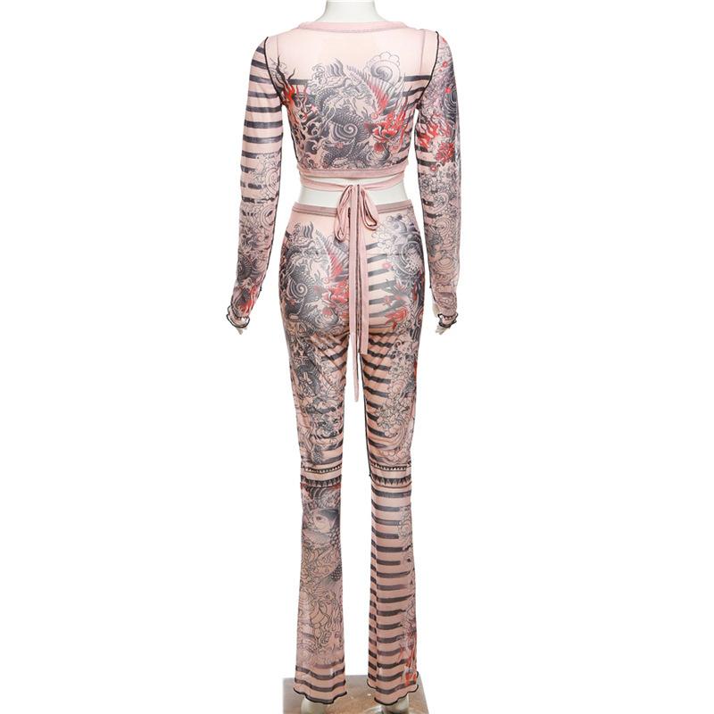 acelimosf™-Sheer mesh striped contrast long sleeve self tie pant set