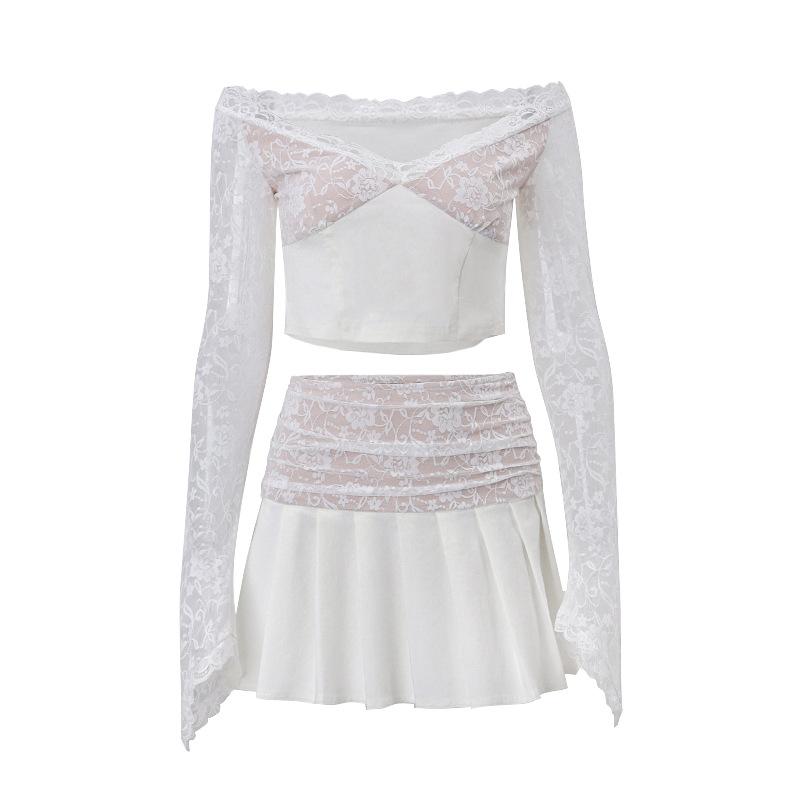 acelimosf™+Long flared sleeve lace patchwork pleated ruched zip-up mini skirt set