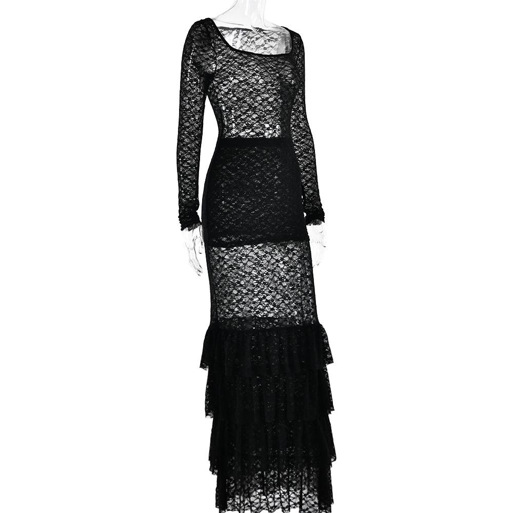 acelimosf™-Long sleeve lace see through ruffle maxi skirt set