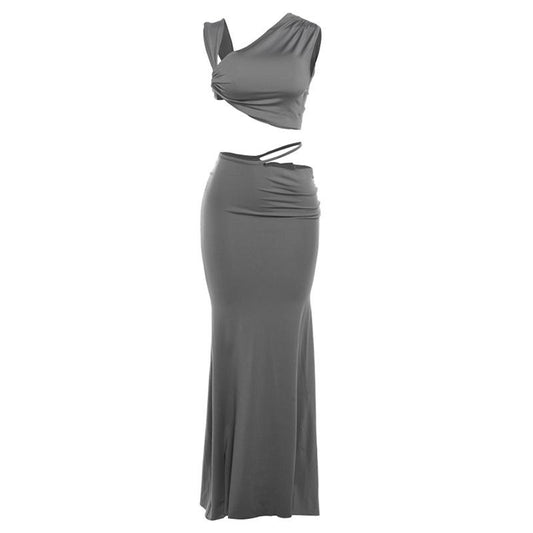 acelimosf™-Ruched irregular solid crop maxi skirt set