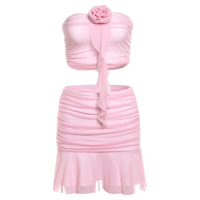 acelimosf™-Flower applique ruched ruffle mesh tube mini skirt set