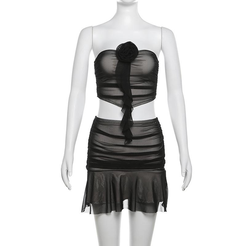 acelimosf™-Flower applique ruched ruffle mesh tube mini skirt set