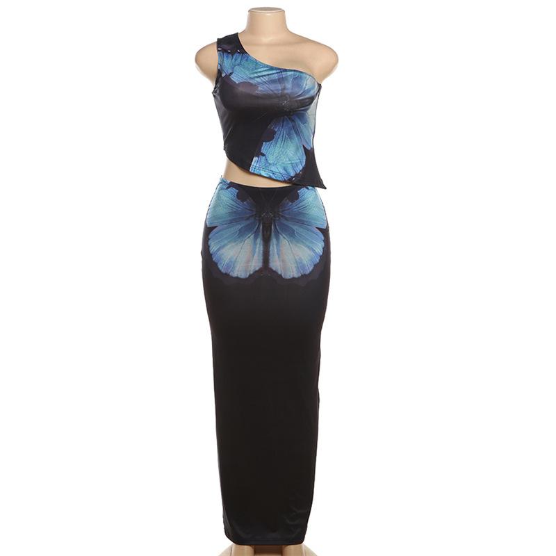 acelimosf™-One shoulder butterfly print maxi skirt set