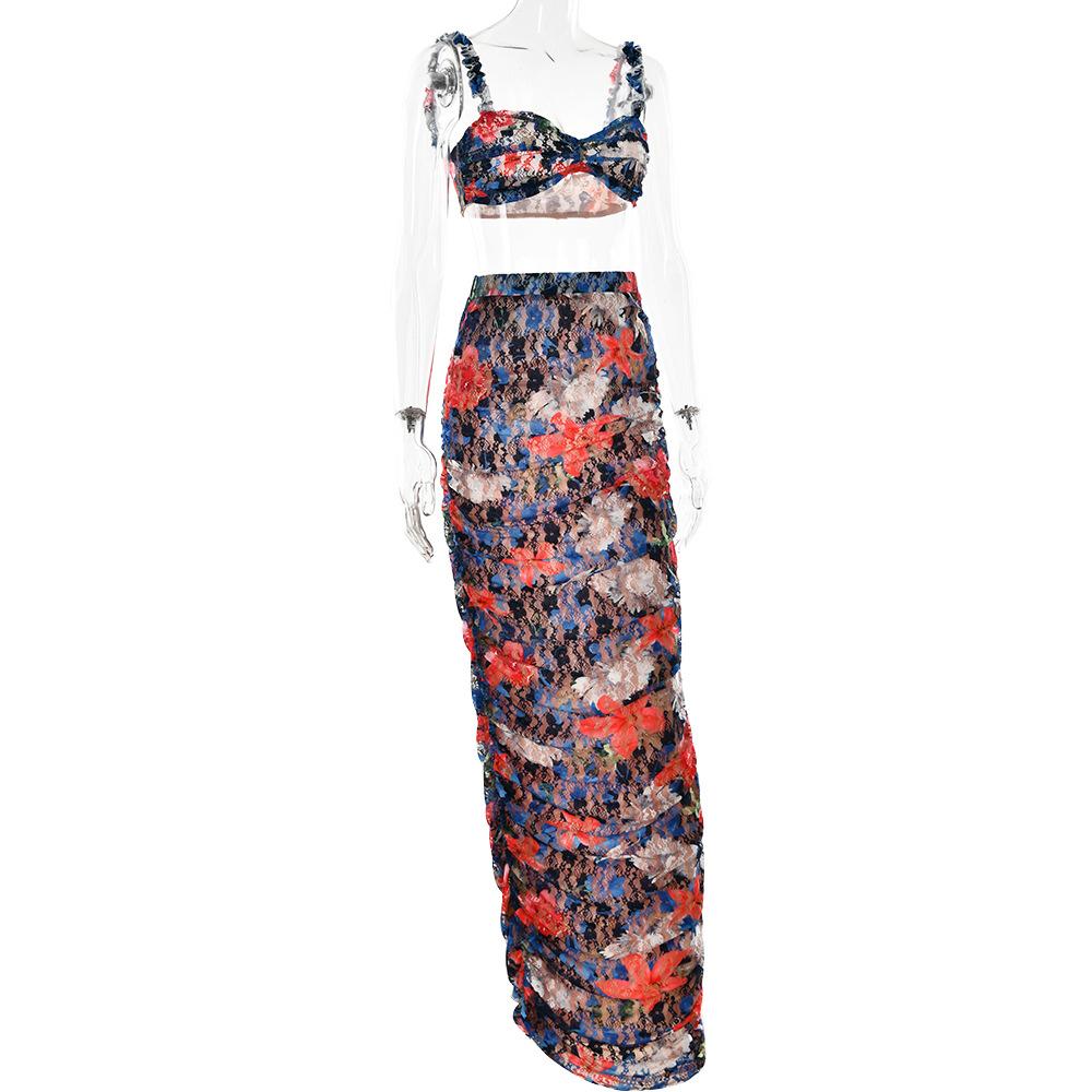 acelimosf™-Flower print ruffle contrast ruched lace maxi skirt set