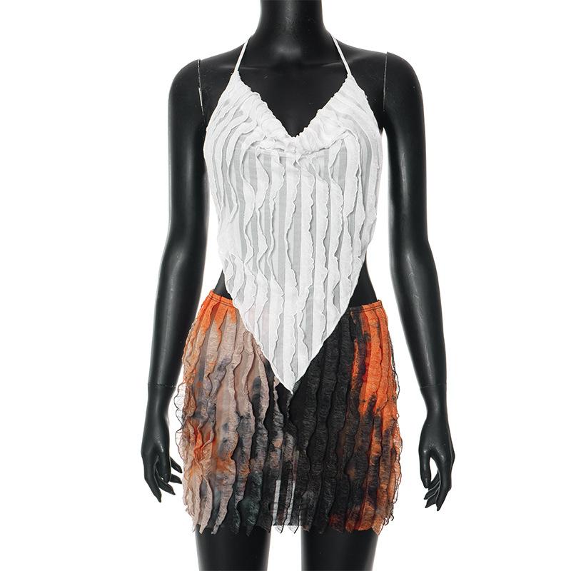 acelimosf™-Halter cowl neck ruffle tie dye backless mini skirt set