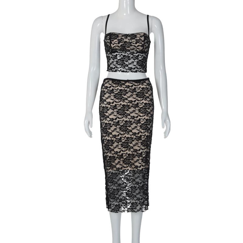 acelimosf™-Lace contrast button backless square neck cami midi skirt set