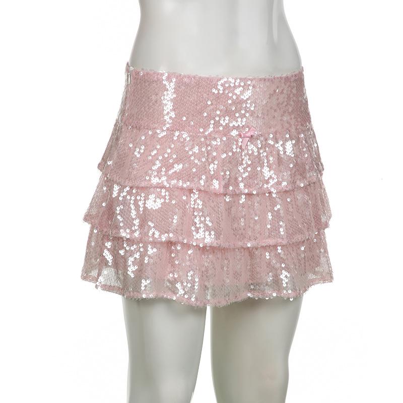 acelimosf™-A line glitter bowknot ruched mini skirt