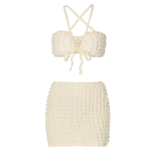 acelimosf™-Drawstring ruched waffle solid mini skirt set