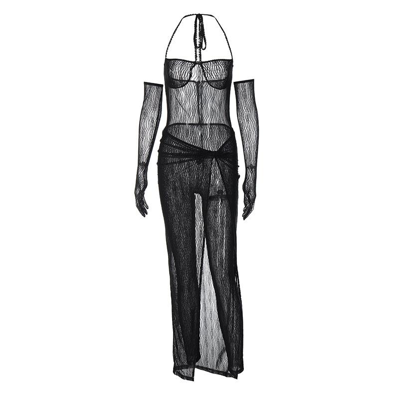 acelimosf™-Sheer mesh solid halter self tie gloves backless jumpsuit skirt set goth Alternative Darkwave Fashion goth Emo Darkwave Fashion