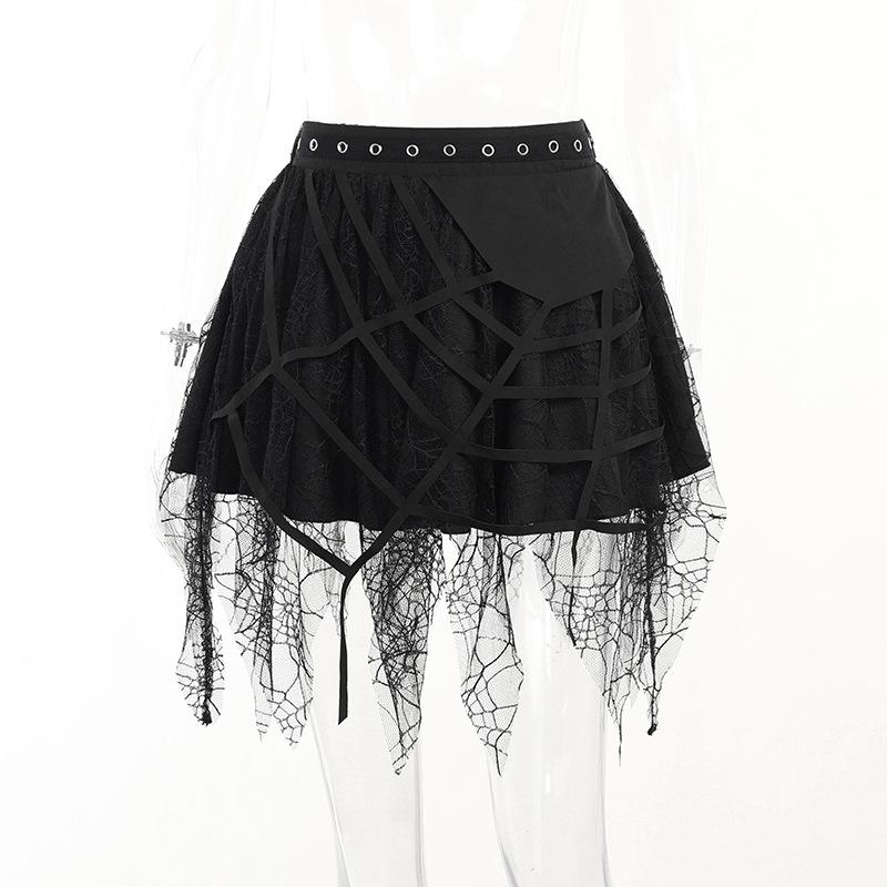 acelimosf™-Solid irregular mesh spider web pattern mini skirt y2k 90s Revival Techno Fashion