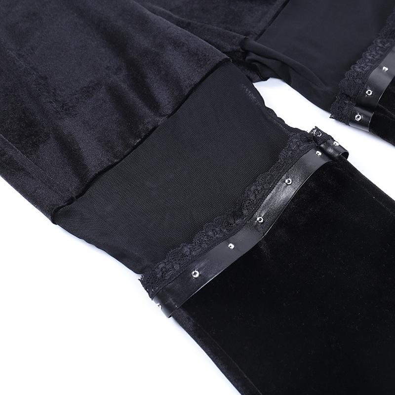 acelimosf™-Mesh patchwork solid lace hem velvet flared pant goth Alternative Darkwave Fashion goth Emo Darkwave Fashion