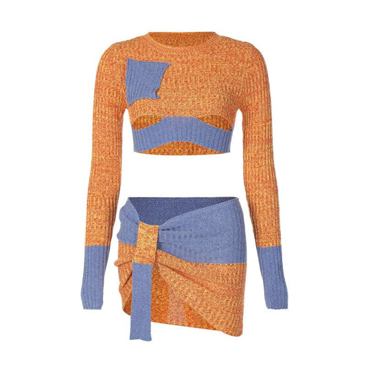 acelimosf™-Knitted patchwork contrast long sleeve hollow out mini skirt set