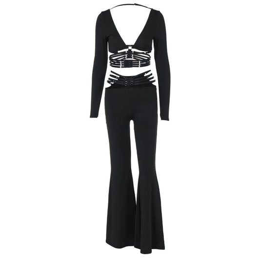 acelimosf™-Long sleeve o ring button wide leg low rise pant set