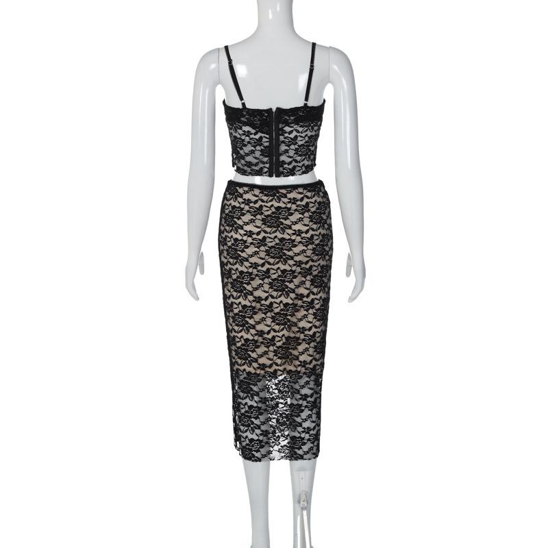 acelimosf™-Lace contrast button backless square neck cami midi skirt set