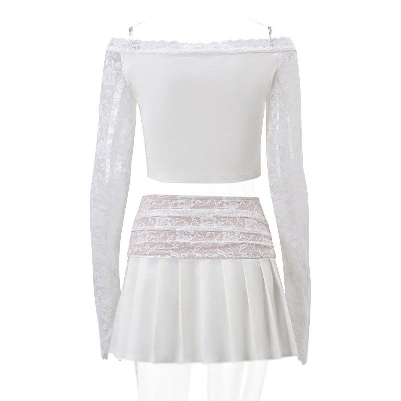 acelimosf™+Long flared sleeve lace patchwork pleated ruched zip-up mini skirt set