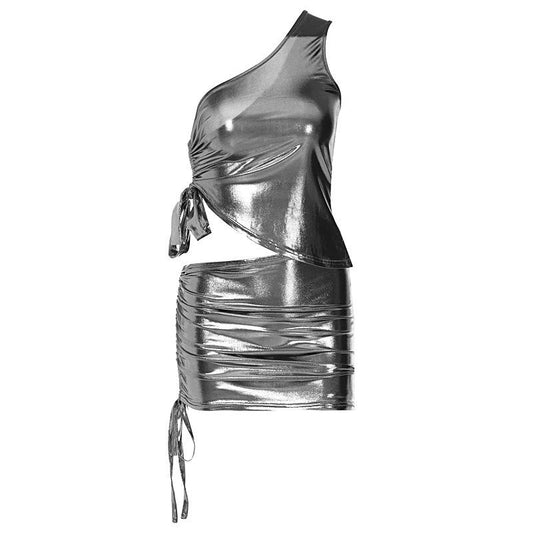 acelimosf™-Metallic drawstring irregular one shoulder mini skirt set