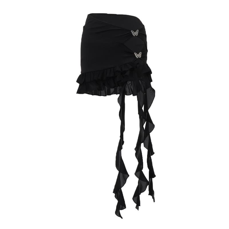 acelimosf™-Irregular hollow out ribbon butterfly applique solid ruffle mini skirt goth Emo Darkwave Fashion