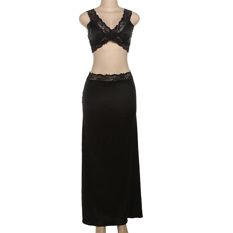 acelimosf™-Lace hem patchwork v neck solid tank maxi skirt set