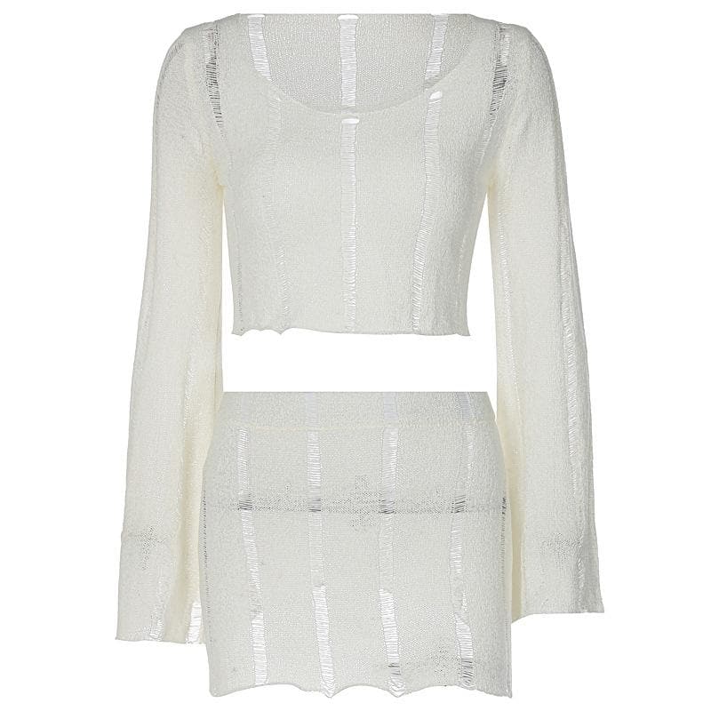 acelimosf™-Knitted hollow out solid flared sleeve low cut mini skirt set