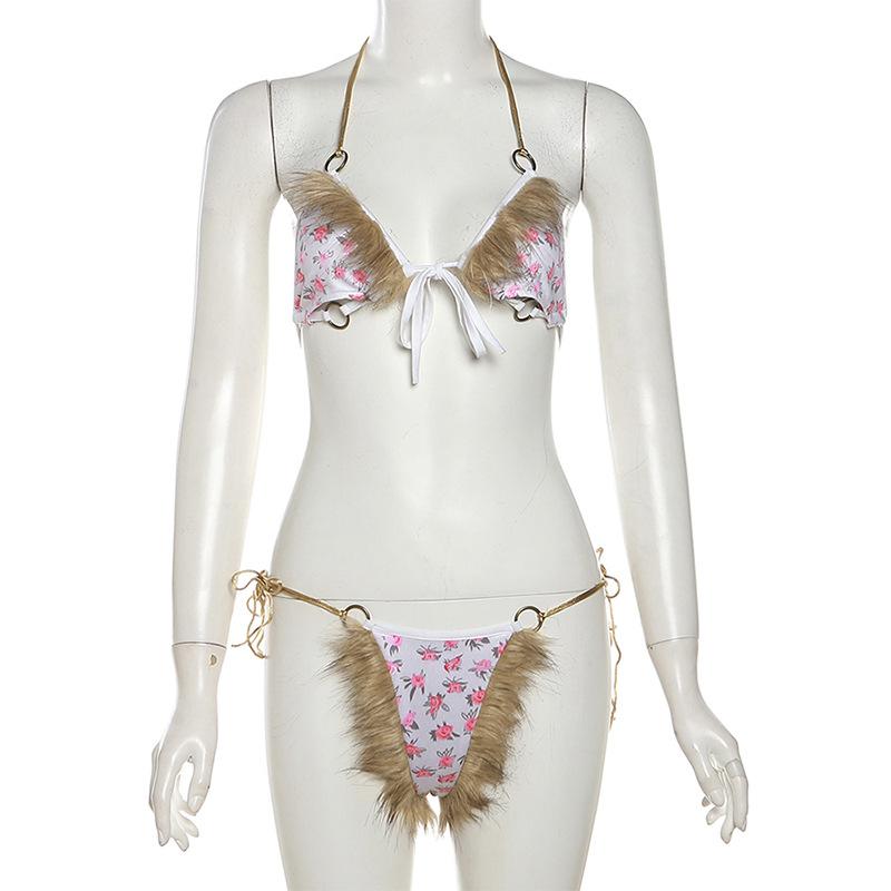 acelimosf™-Halter o ring flower print fluffy self tie pant set