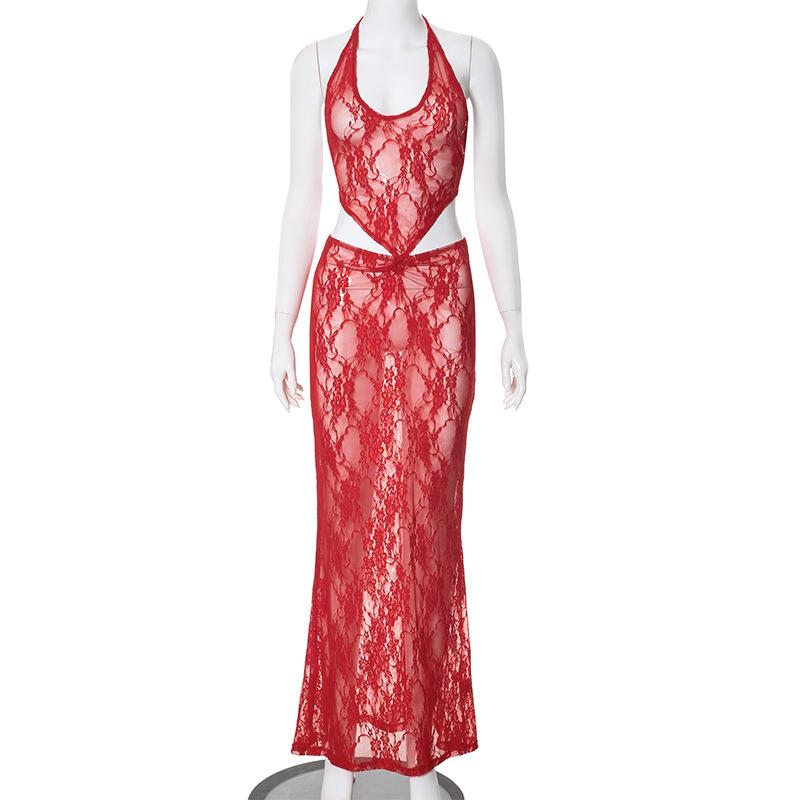 acelimosf™-Halter u neck lace see through ruched backless maxi skirt set