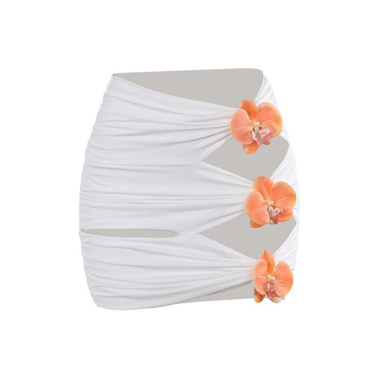 acelimosf™-Ruched flower applique hollow out mini skirt