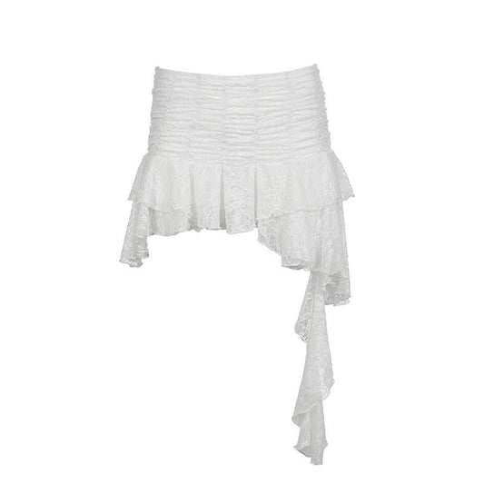 acelimosf™-Ruched lace patchwork ruffle irregular mini skirt